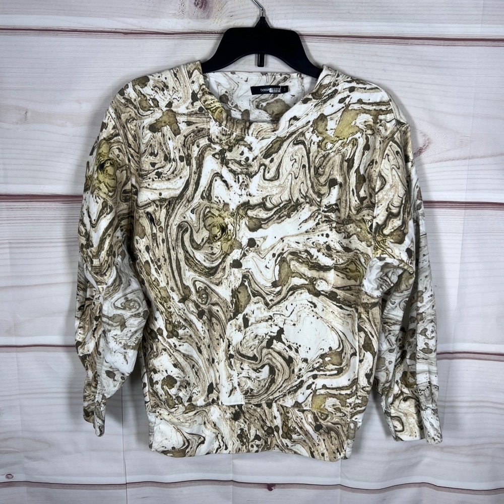 Bassike Sweatshirt Top Womens 2 M Green Marble Long Sleeve Crew Neck Pullover